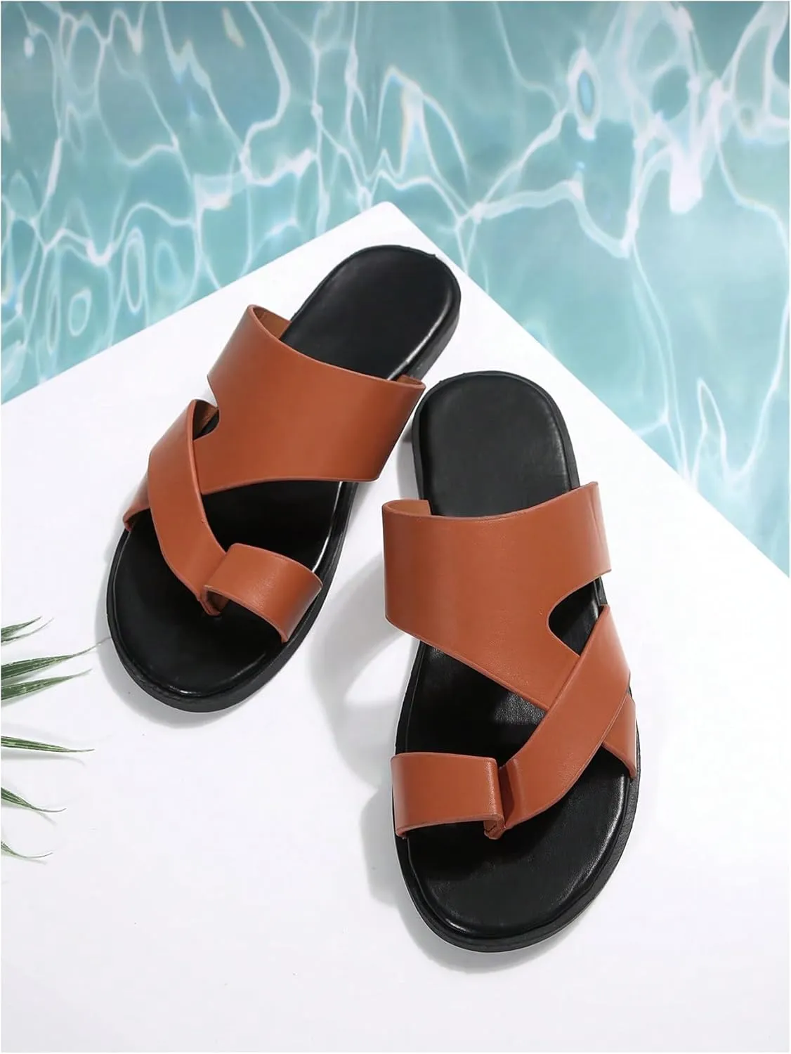 GORGLITTER Men's Beach Leather Sandals Slide Footwear Round Flip Flops Pu Slip On Slippers