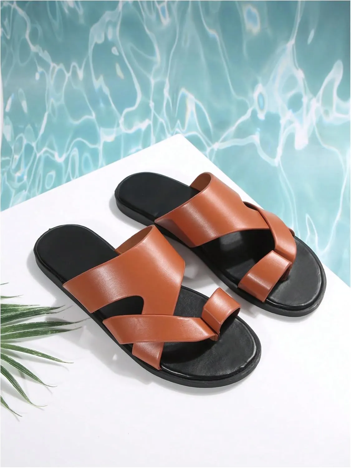GORGLITTER Men's Beach Leather Sandals Slide Footwear Round Flip Flops Pu Slip On Slippers