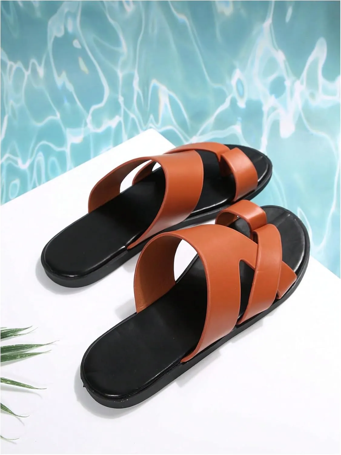GORGLITTER Men's Beach Leather Sandals Slide Footwear Round Flip Flops Pu Slip On Slippers