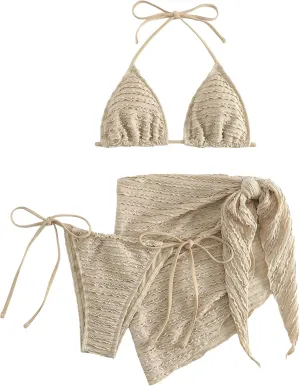 GORGLITTER Women's 3 Piece Swimsuits Halter Triangle String Bikini Set with Beach Skirt Swimwear Set