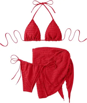 GORGLITTER Women's 3 Piece Swimsuits Halter Triangle String Bikini Set with Beach Skirt Swimwear Set