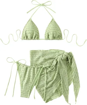 GORGLITTER Women's 3 Piece Swimsuits Halter Triangle String Bikini Set with Beach Skirt Swimwear Set