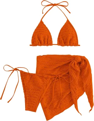 GORGLITTER Women's 3 Piece Swimsuits Halter Triangle String Bikini Set with Beach Skirt Swimwear Set