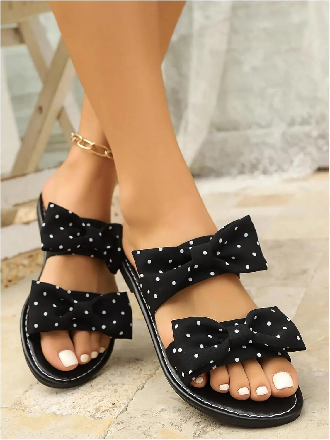 GORGLITTER Women's Bow Flat Denim Sandals Dress Open Toe Slip On Summer Slide Sandal