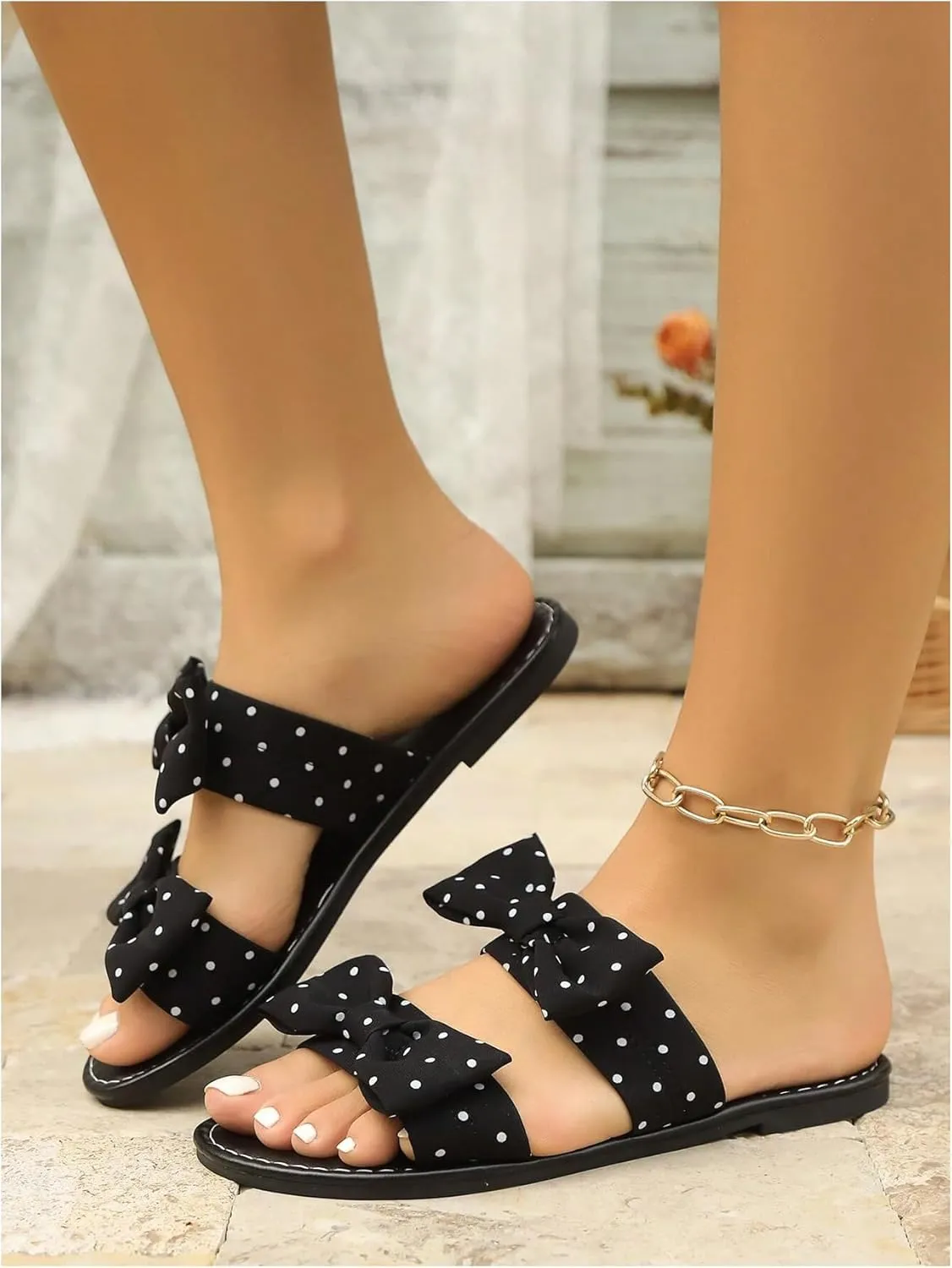 GORGLITTER Women's Bow Flat Denim Sandals Dress Open Toe Slip On Summer Slide Sandal