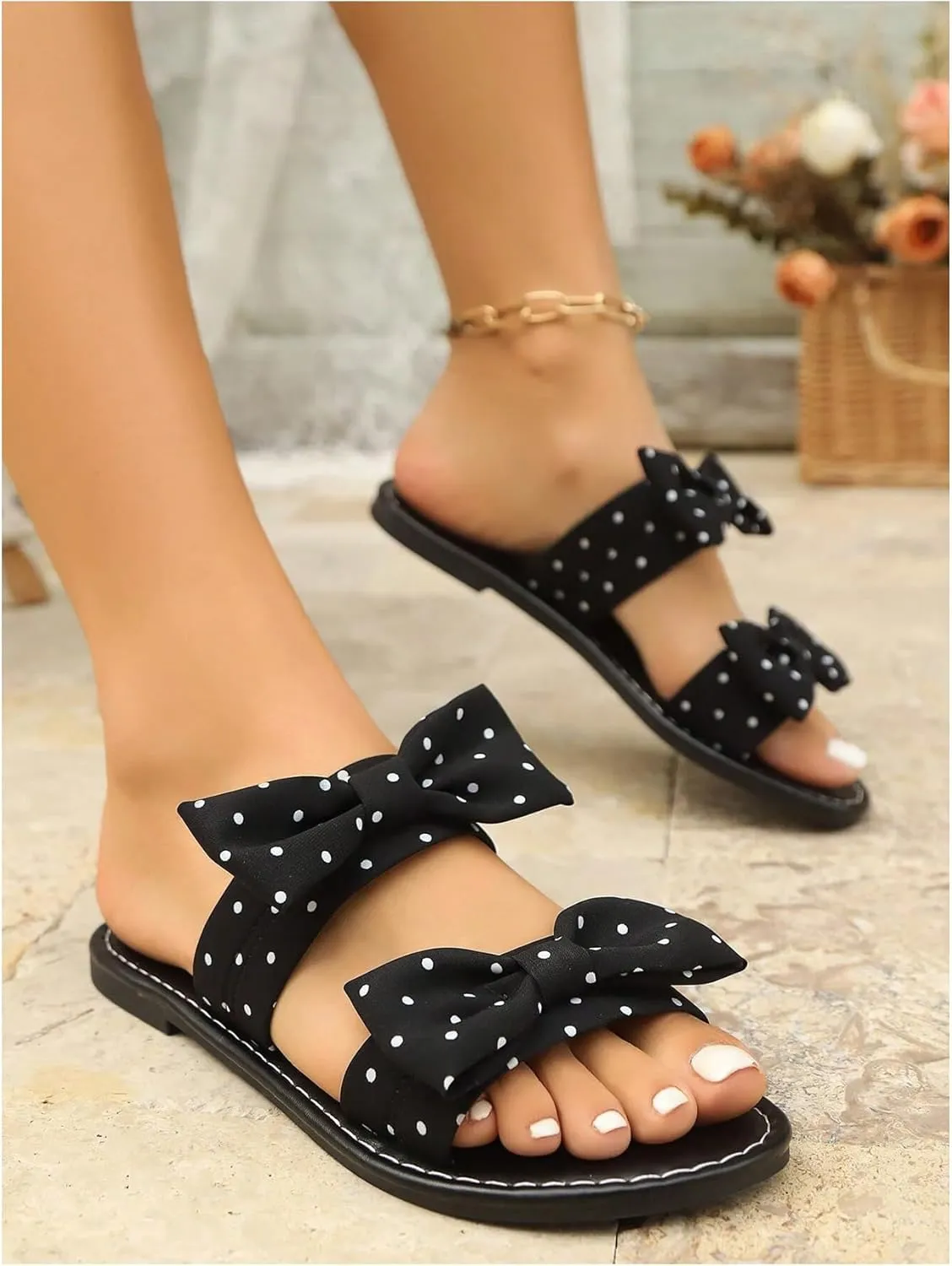 GORGLITTER Women's Bow Flat Denim Sandals Dress Open Toe Slip On Summer Slide Sandal