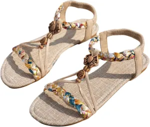 GORGLITTER Women's Braided Ankle Strap Flat Sandals Open Toe Boho Beach Vacation Sandals