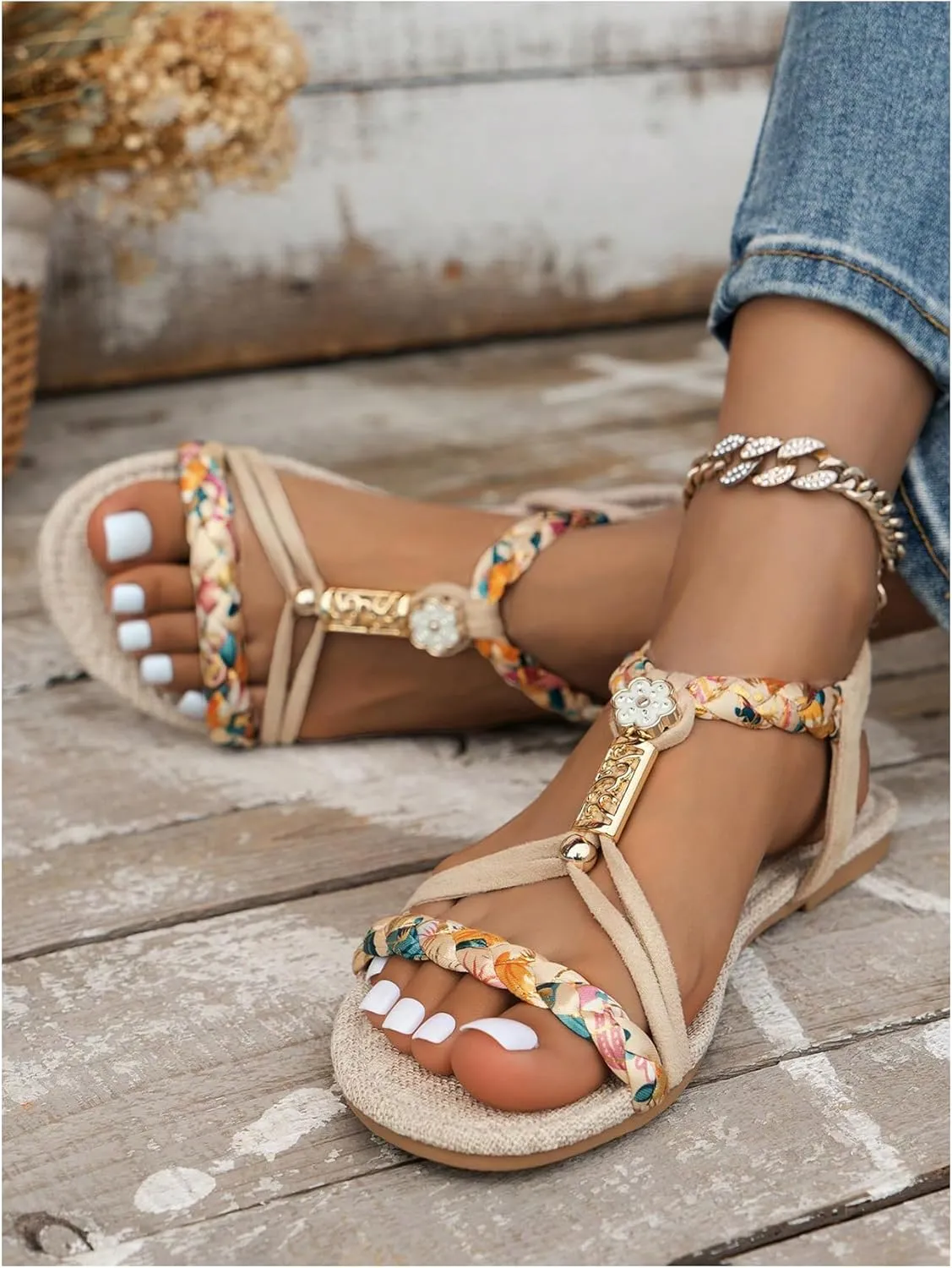 GORGLITTER Women's Braided Ankle Strap Flat Sandals Open Toe Boho Beach Vacation Sandals