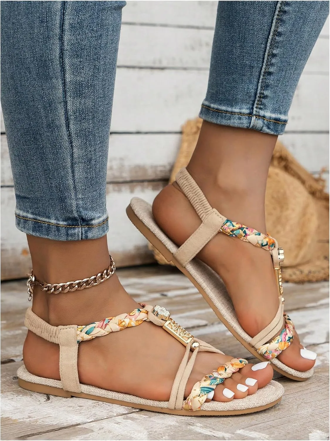 GORGLITTER Women's Braided Ankle Strap Flat Sandals Open Toe Boho Beach Vacation Sandals