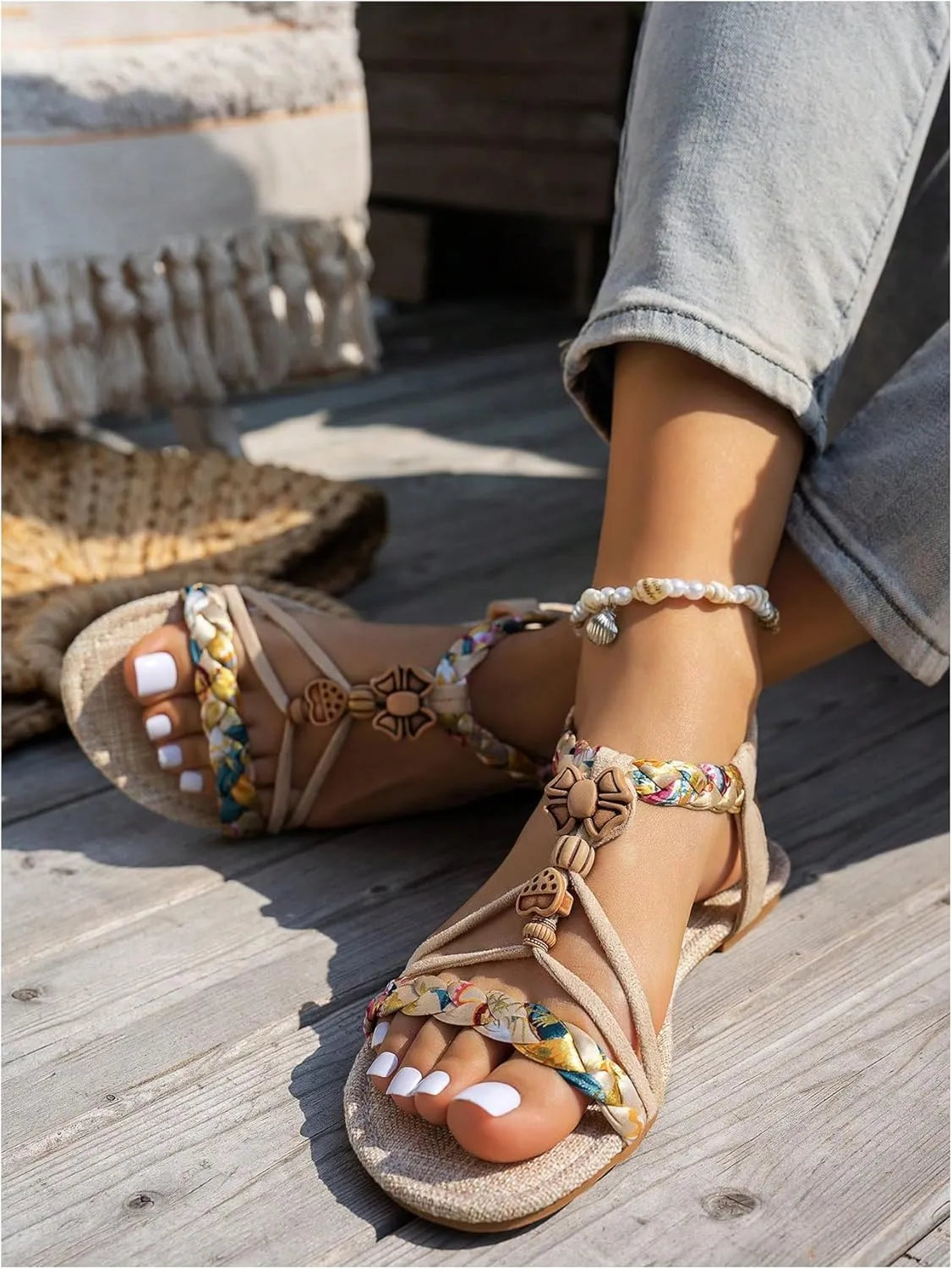 GORGLITTER Women's Braided Ankle Strap Flat Sandals Open Toe Boho Beach Vacation Sandals