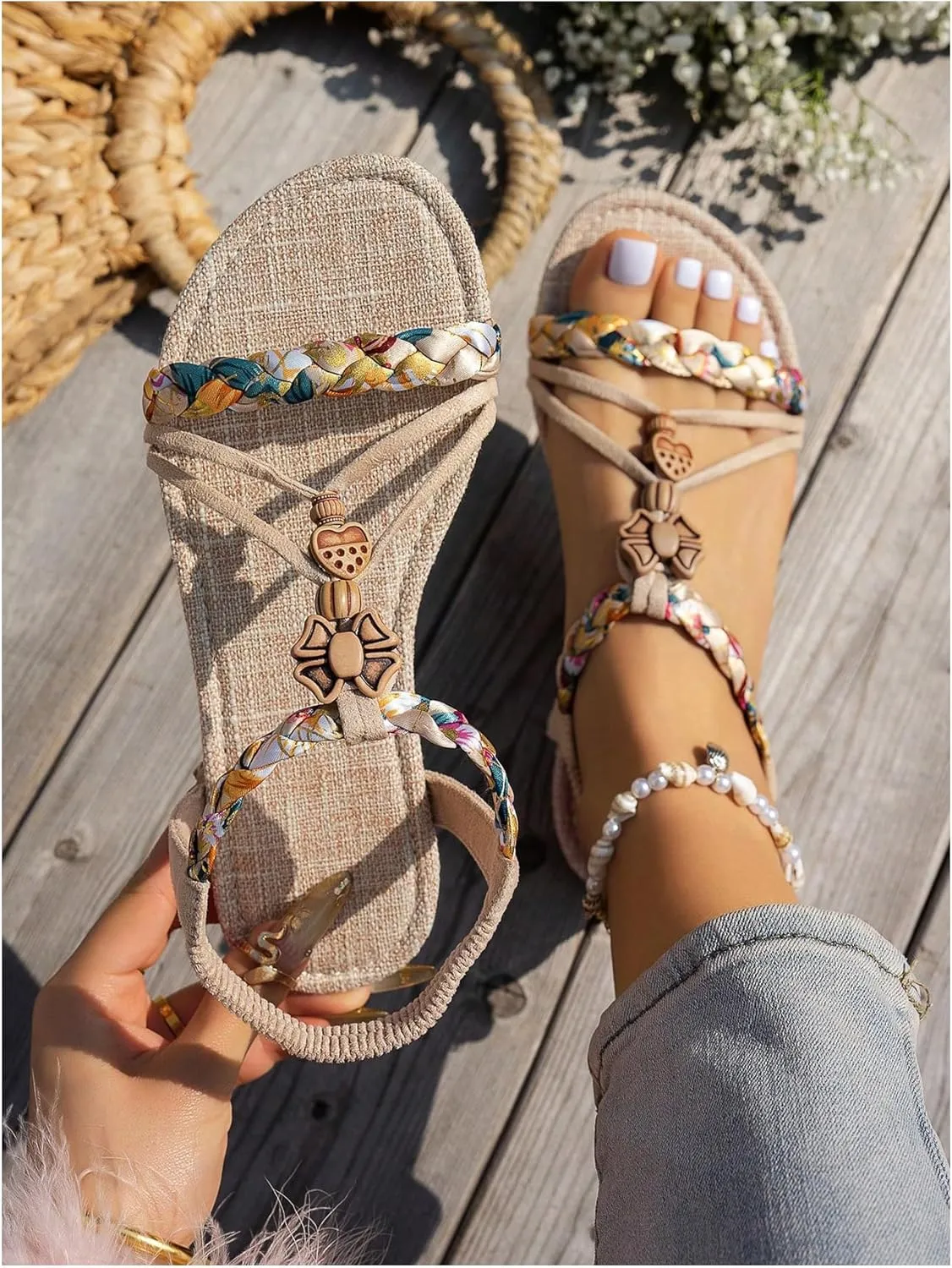 GORGLITTER Women's Braided Ankle Strap Flat Sandals Open Toe Boho Beach Vacation Sandals