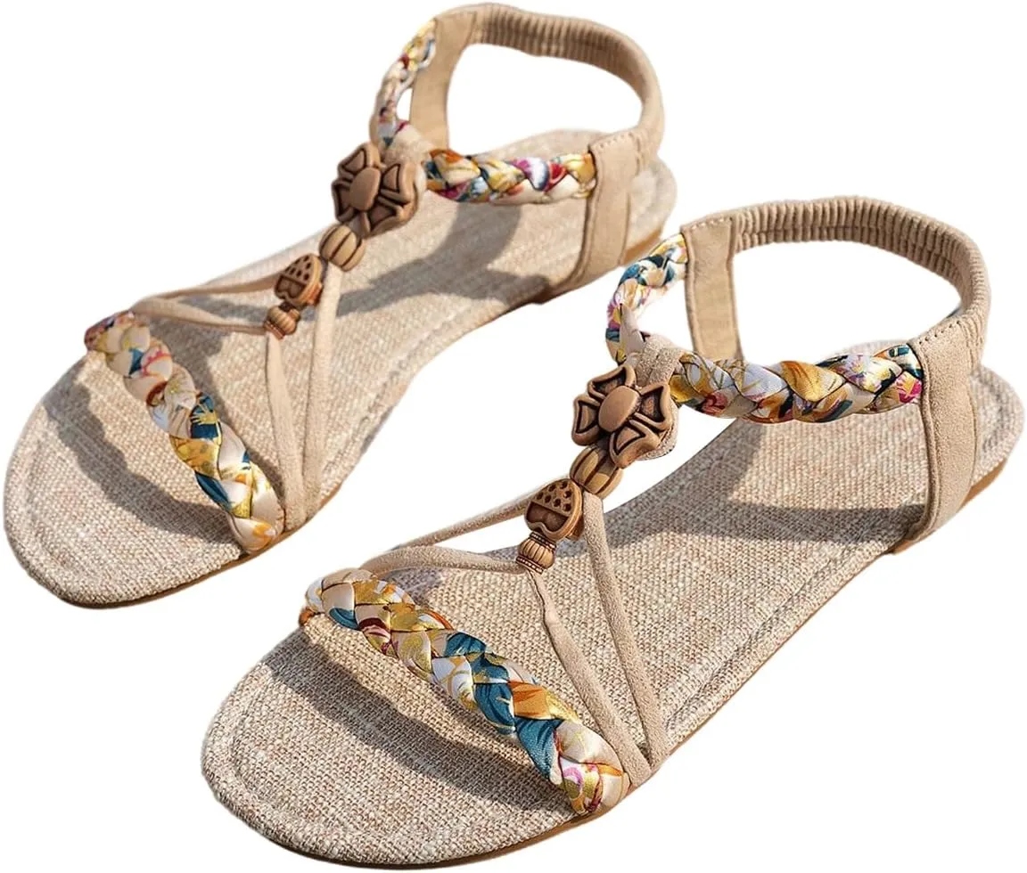 GORGLITTER Women's Braided Ankle Strap Flat Sandals Open Toe Boho Beach Vacation Sandals