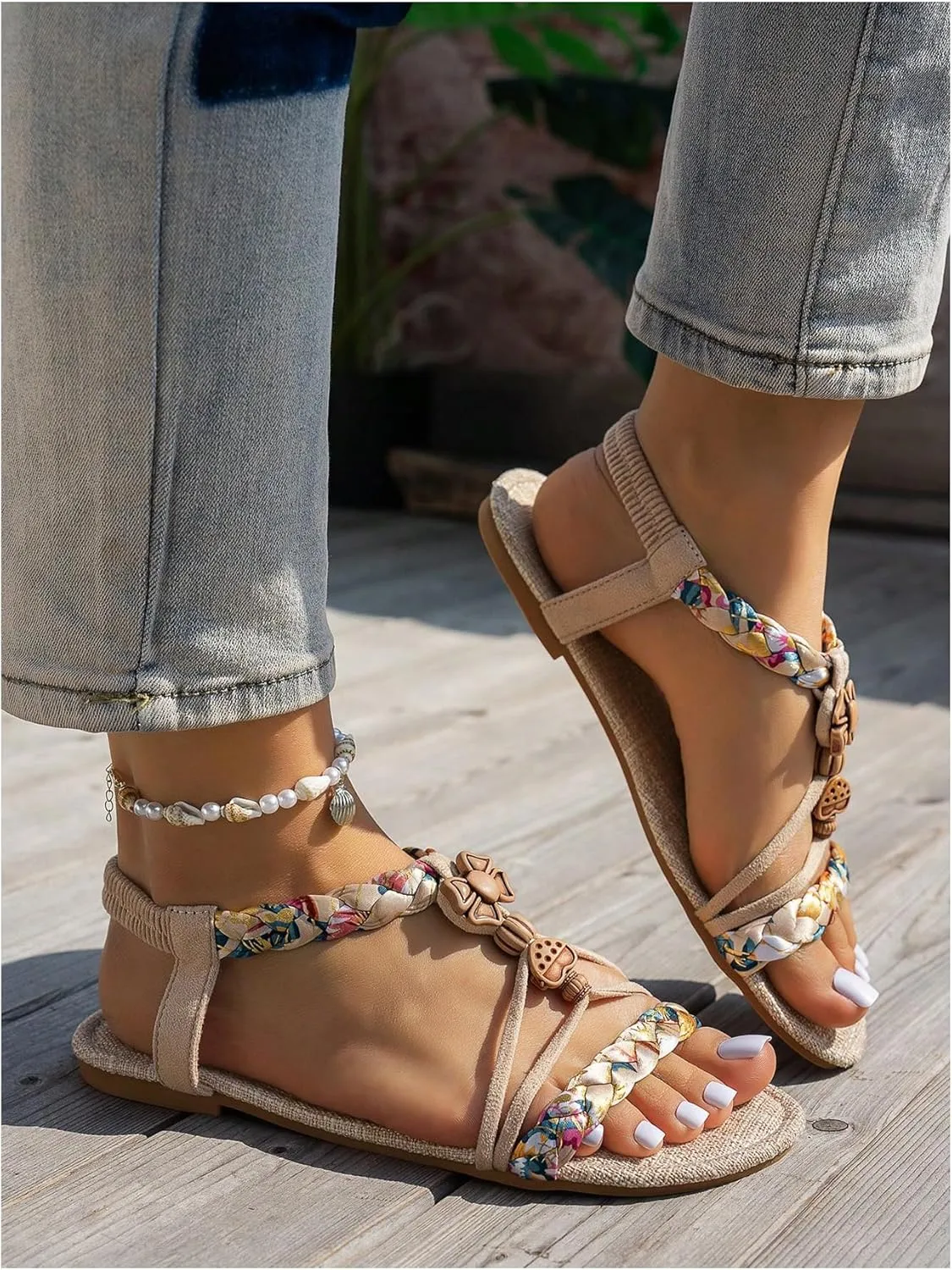 GORGLITTER Women's Braided Ankle Strap Flat Sandals Open Toe Boho Beach Vacation Sandals