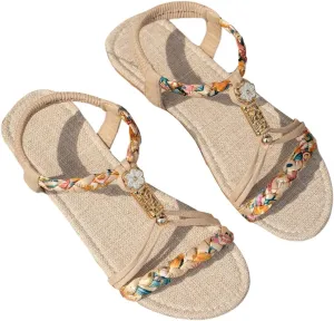GORGLITTER Women's Braided Ankle Strap Flat Sandals Open Toe Boho Beach Vacation Sandals