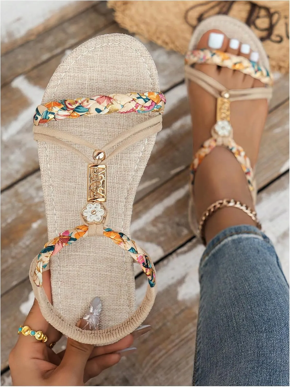 GORGLITTER Women's Braided Ankle Strap Flat Sandals Open Toe Boho Beach Vacation Sandals