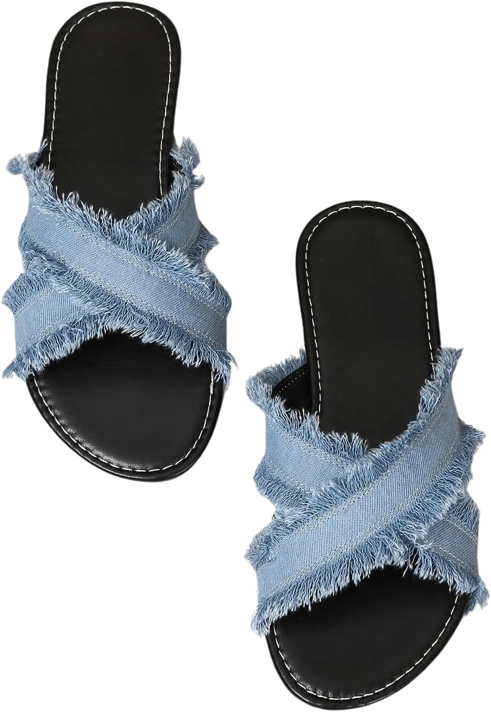GORGLITTER Women's Crisscross Flat Denim Sandals Tassel Trim Strappy Open Toe Summer Slide Sandals