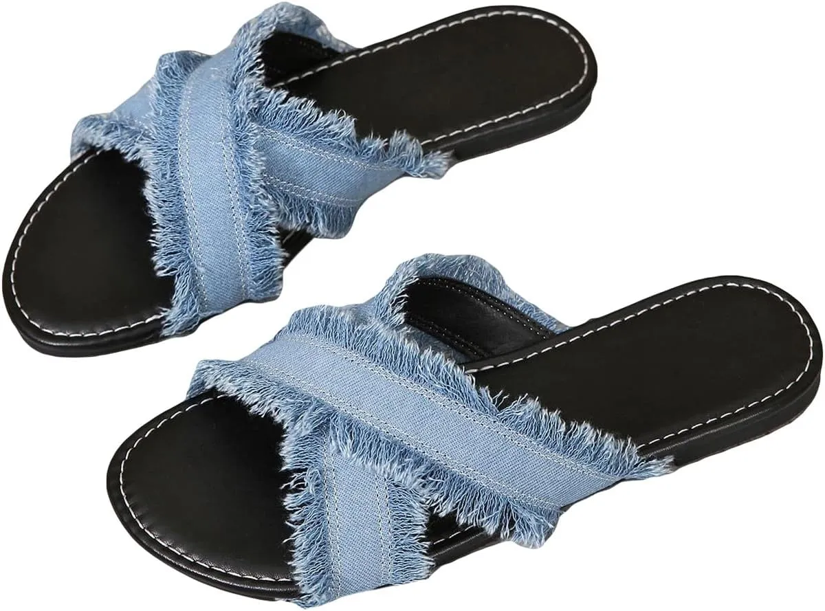 GORGLITTER Women's Crisscross Flat Denim Sandals Tassel Trim Strappy Open Toe Summer Slide Sandals