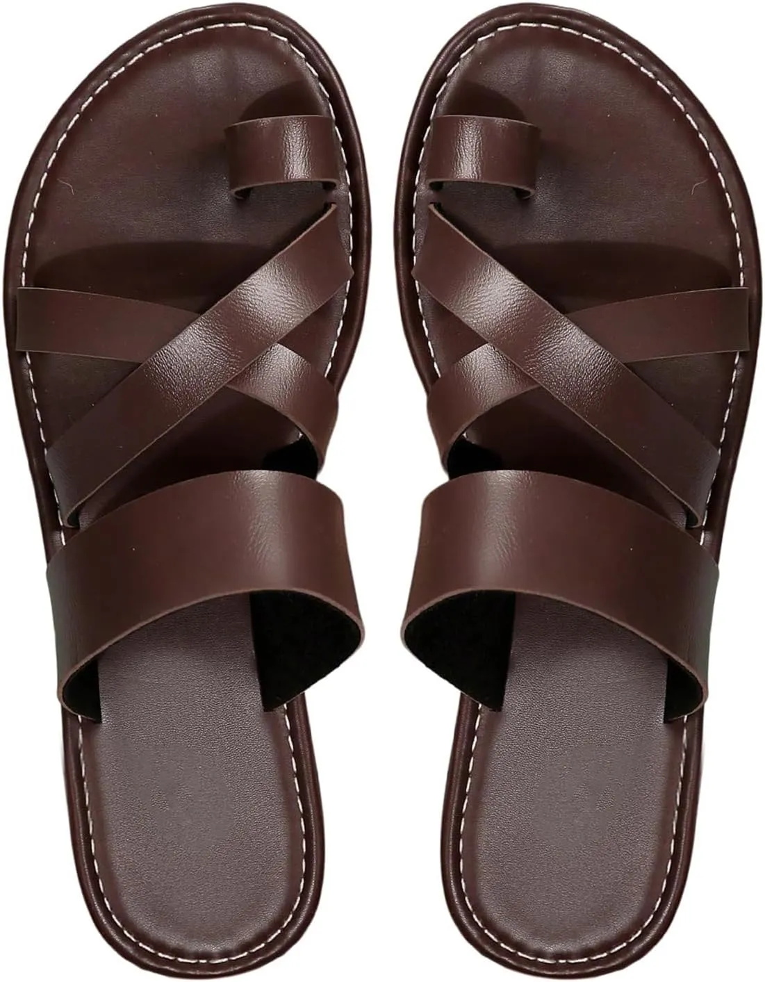 GORGLITTER Women's Cross Strappy Leather Flats Sandal Cute Dressy Toe Ring Open Toe Slip on Slide Sandals