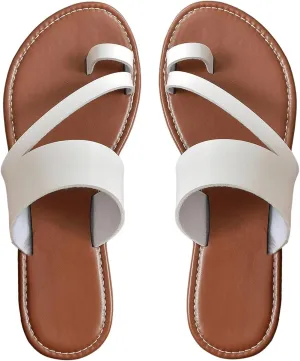 GORGLITTER Women's Cross Strappy Leather Flats Sandal Cute Dressy Toe Ring Open Toe Slip on Slide Sandals