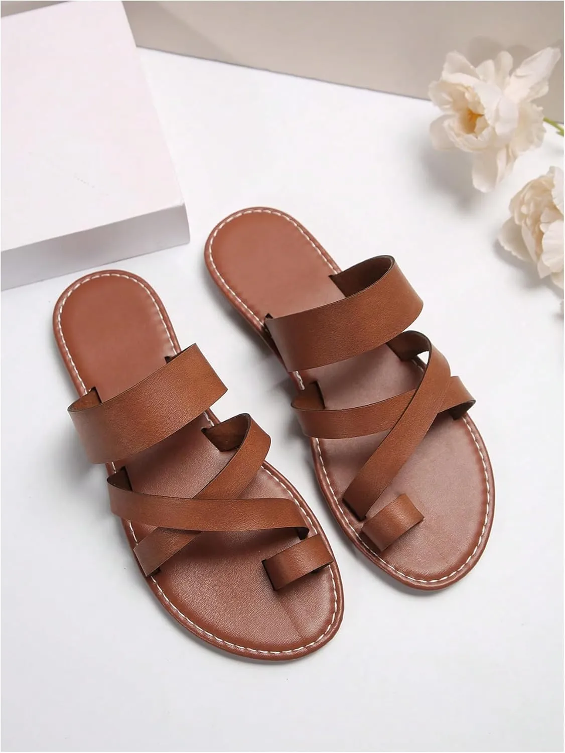 GORGLITTER Women's Cross Strappy Leather Flats Sandal Cute Dressy Toe Ring Open Toe Slip on Slide Sandals