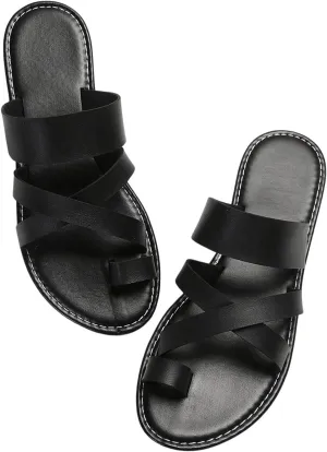 GORGLITTER Women's Cross Strappy Leather Flats Sandal Cute Dressy Toe Ring Open Toe Slip on Slide Sandals