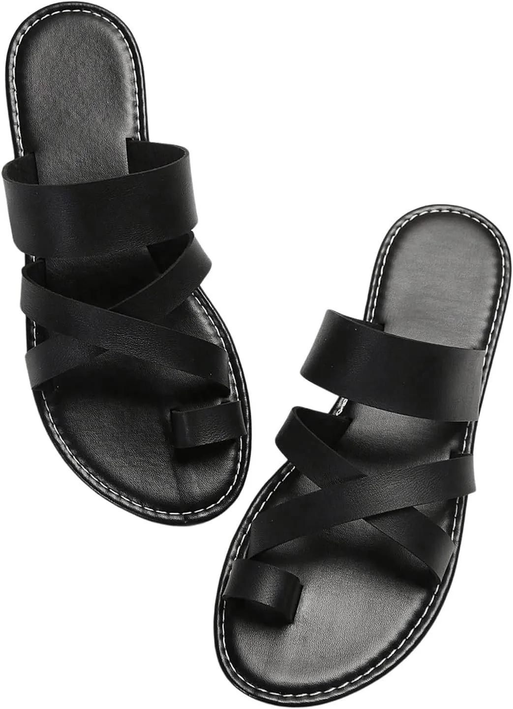 GORGLITTER Women's Cross Strappy Leather Flats Sandal Cute Dressy Toe Ring Open Toe Slip on Slide Sandals