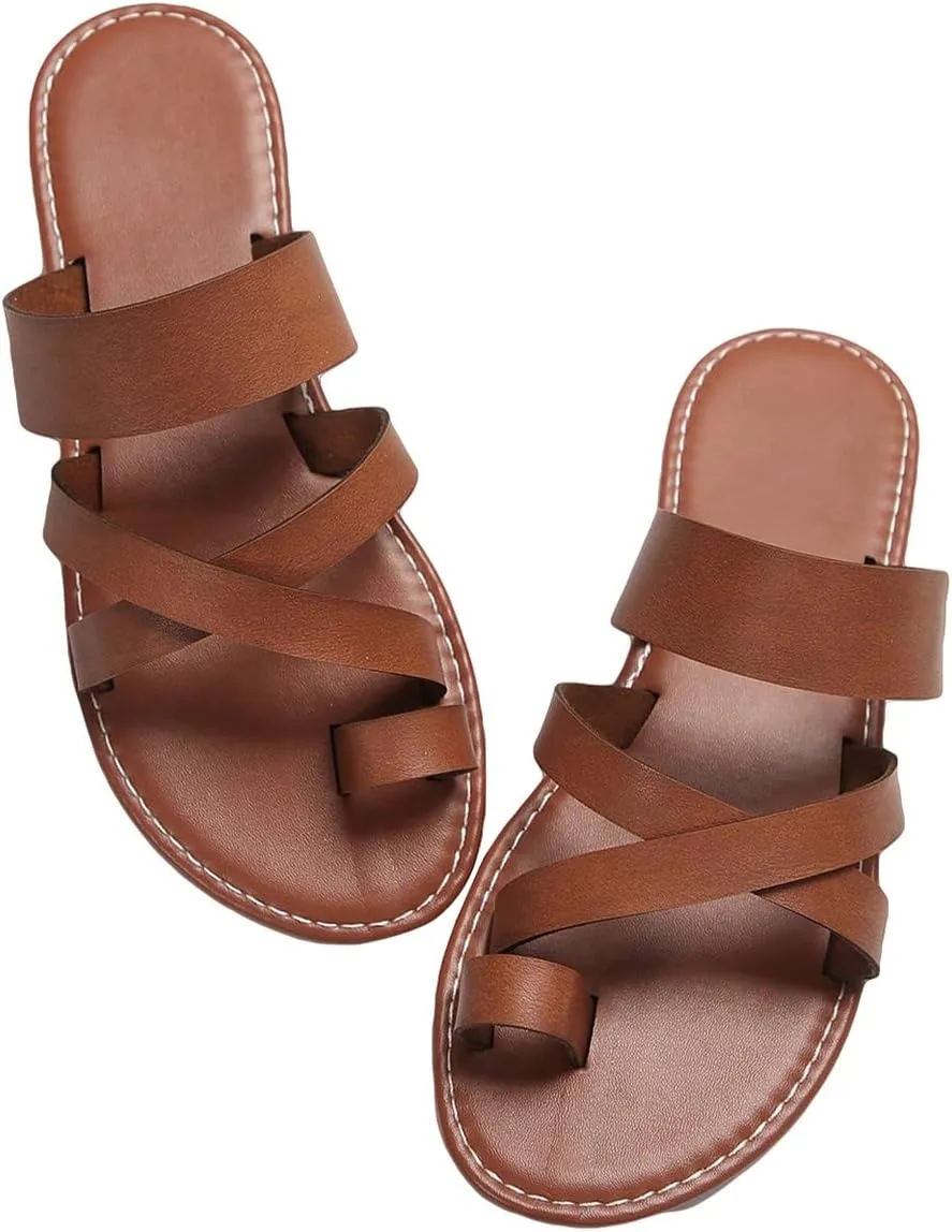 GORGLITTER Women's Cross Strappy Leather Flats Sandal Cute Dressy Toe Ring Open Toe Slip on Slide Sandals