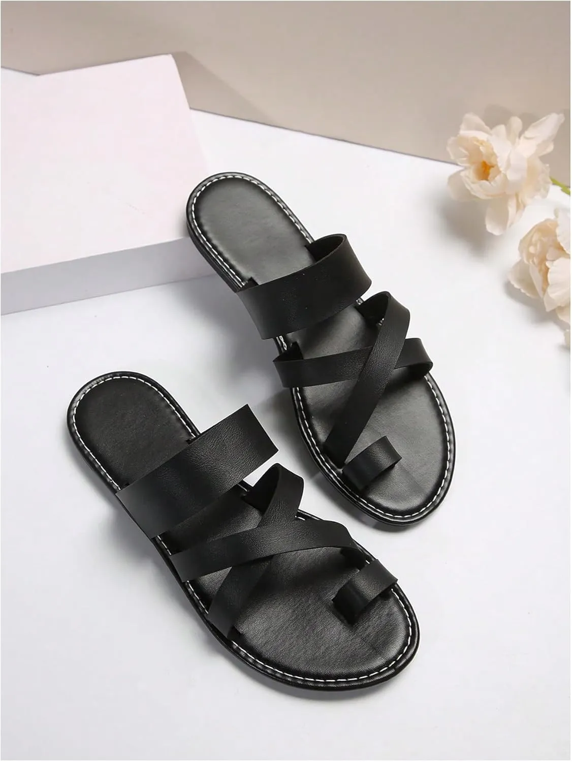 GORGLITTER Women's Cross Strappy Leather Flats Sandal Cute Dressy Toe Ring Open Toe Slip on Slide Sandals