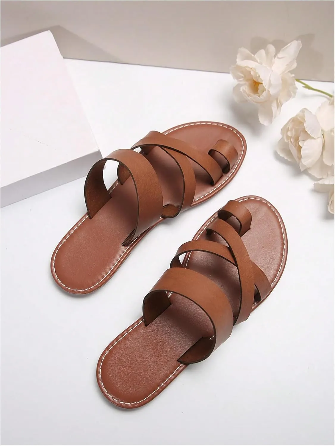 GORGLITTER Women's Cross Strappy Leather Flats Sandal Cute Dressy Toe Ring Open Toe Slip on Slide Sandals