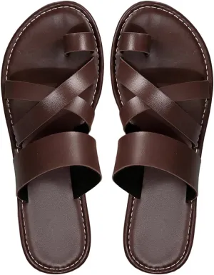GORGLITTER Women's Cross Strappy Leather Flats Sandal Cute Dressy Toe Ring Open Toe Slip on Slide Sandals