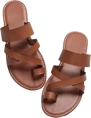 GORGLITTER Women's Cross Strappy Leather Flats Sandal Cute Dressy Toe Ring Open Toe Slip on Slide Sandals