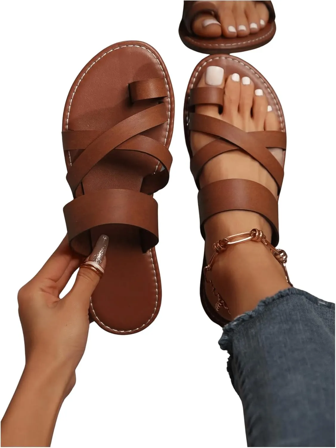 GORGLITTER Women's Cross Strappy Leather Flats Sandal Cute Dressy Toe Ring Open Toe Slip on Slide Sandals