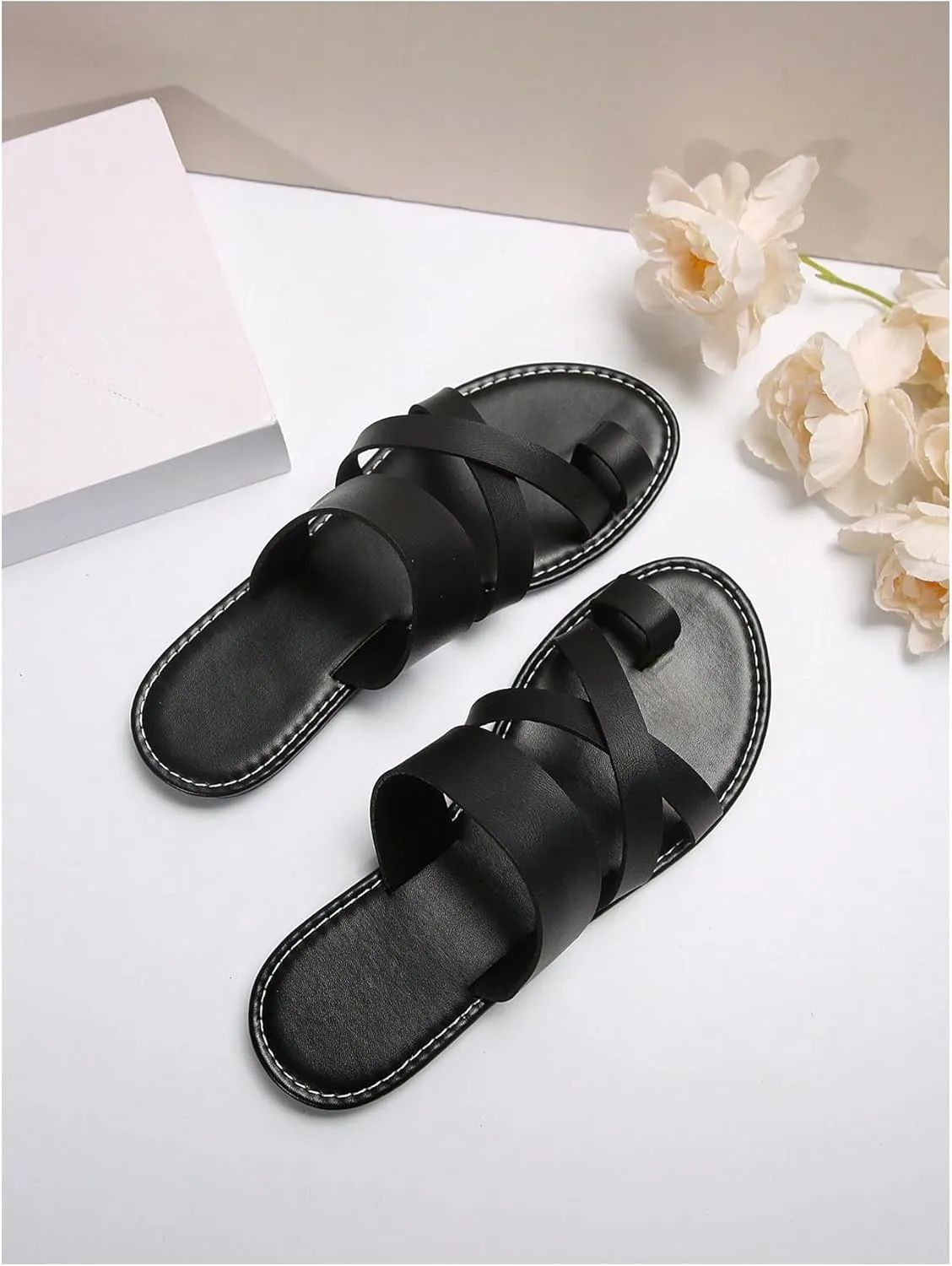 GORGLITTER Women's Cross Strappy Leather Flats Sandal Cute Dressy Toe Ring Open Toe Slip on Slide Sandals