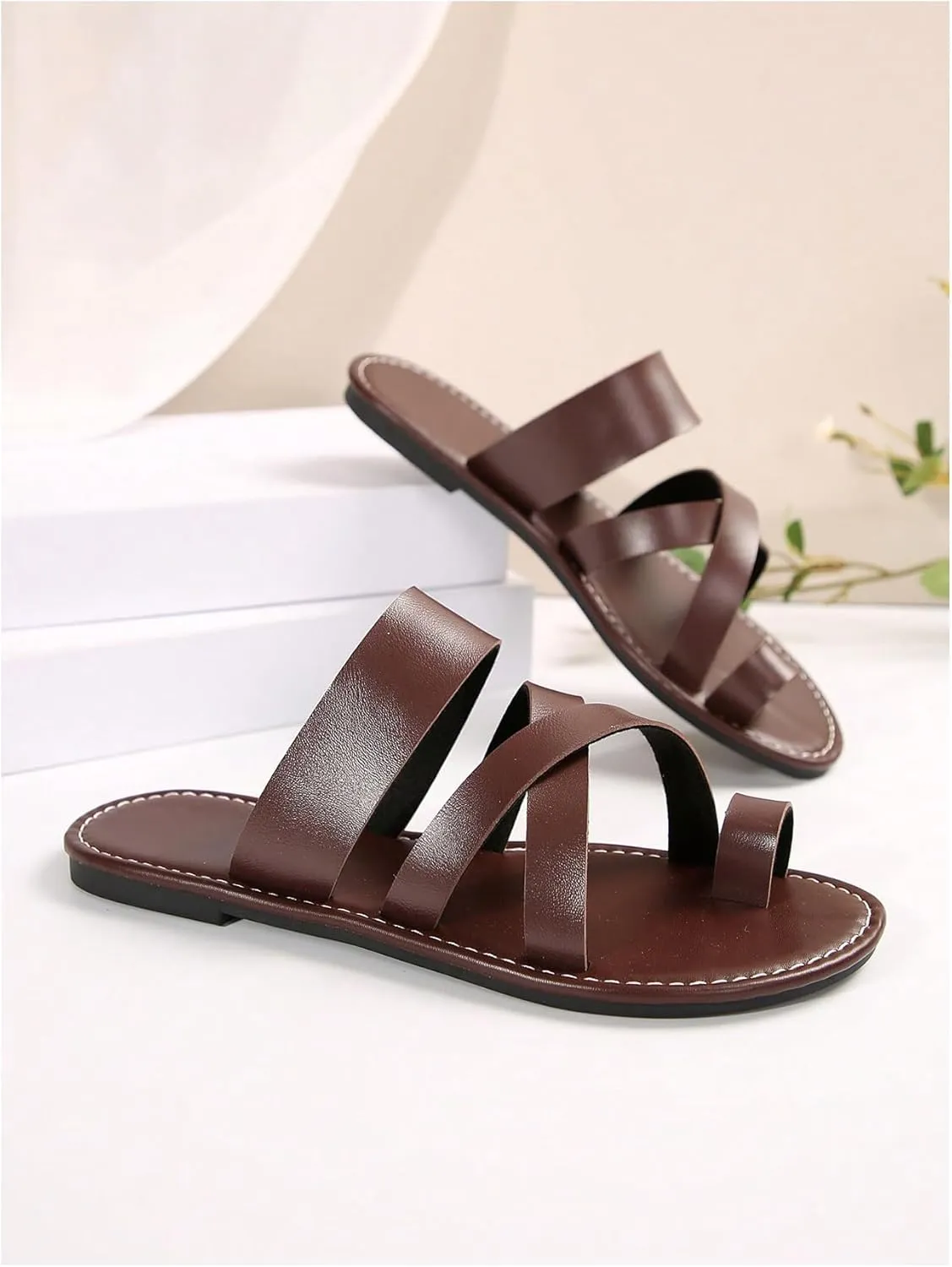 GORGLITTER Women's Cross Strappy Leather Flats Sandal Cute Dressy Toe Ring Open Toe Slip on Slide Sandals