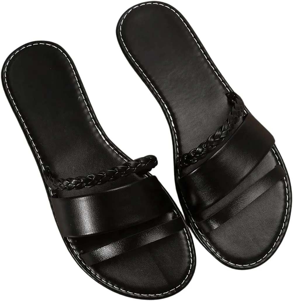 GORGLITTER Women's Leather Strappy Slippers Sandals Dressy Braided Open Toe Slide Summer Vacation Beach Sandals 2025