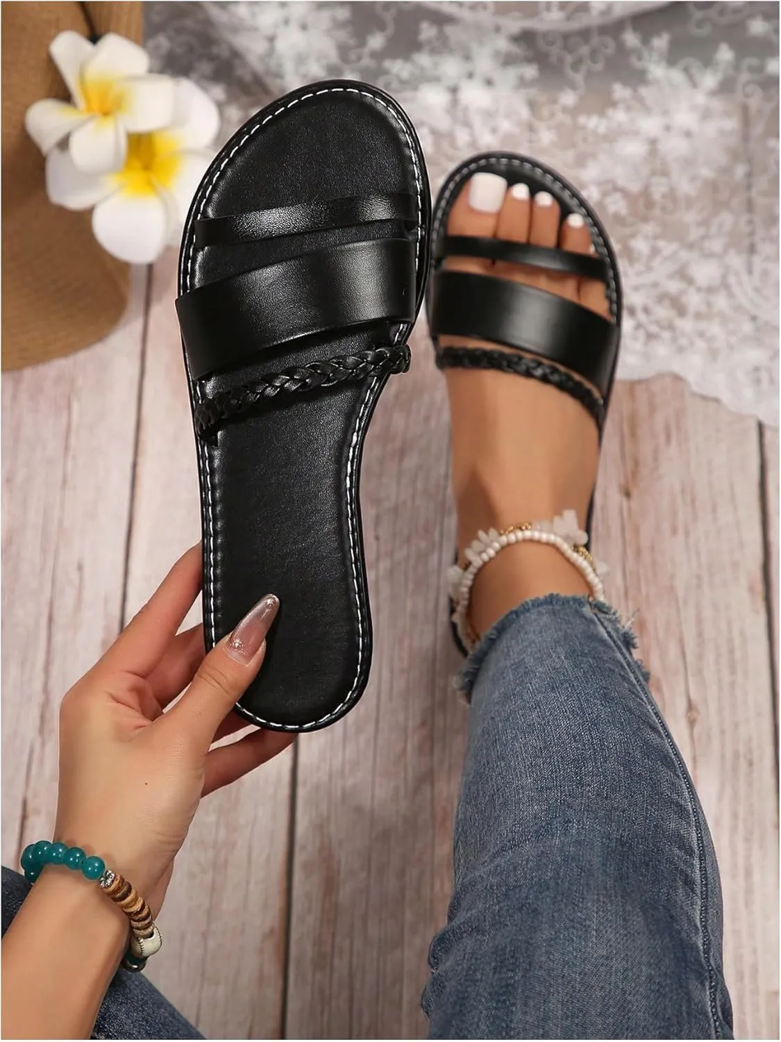 GORGLITTER Women's Leather Strappy Slippers Sandals Dressy Braided Open Toe Slide Summer Vacation Beach Sandals 2025