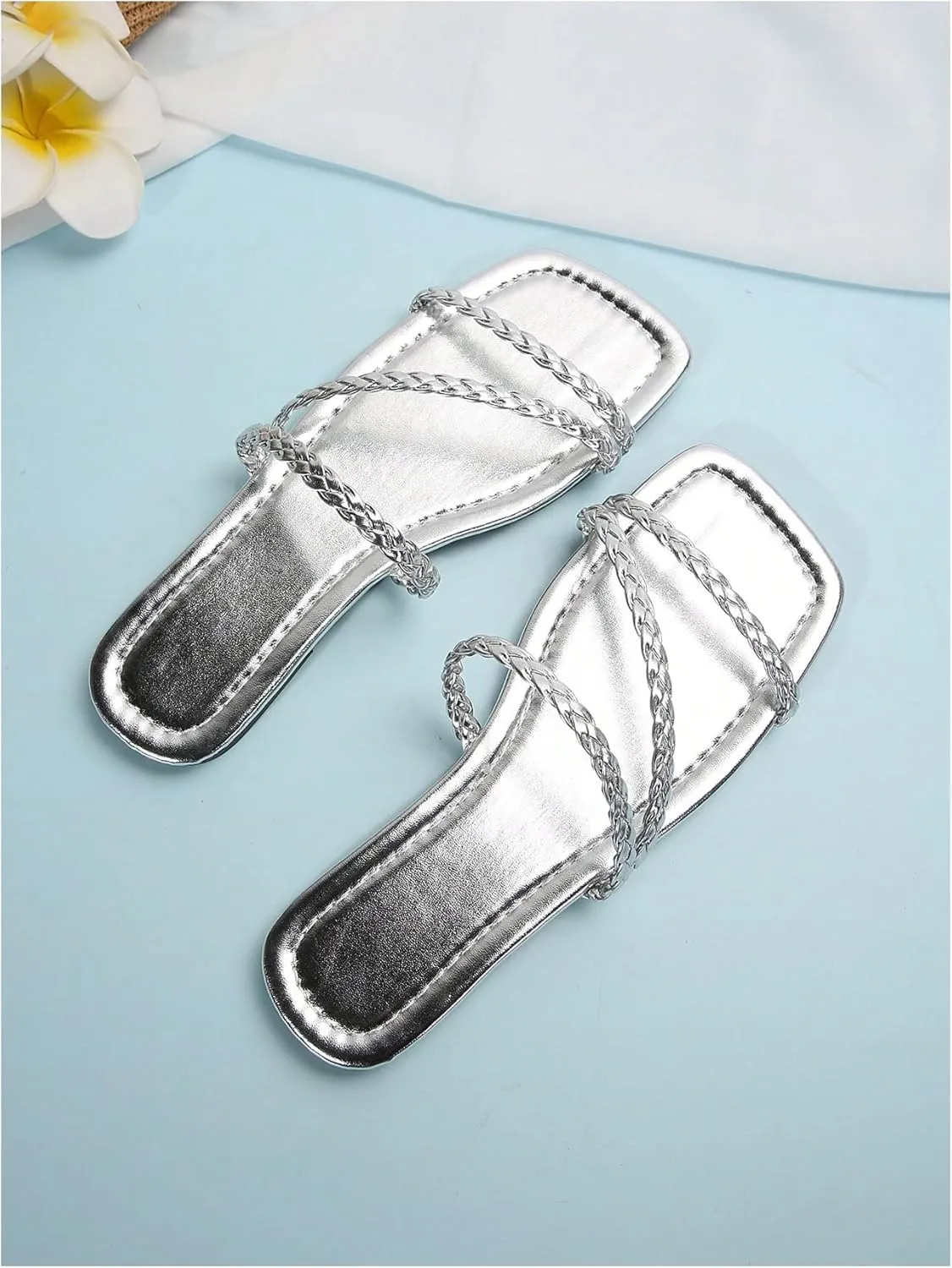 GORGLITTER Women's Metallic Strappy Flats Sandal Dressy Cute Open Toe Slip on Slides Summer Vacation Beach Sandals 2025