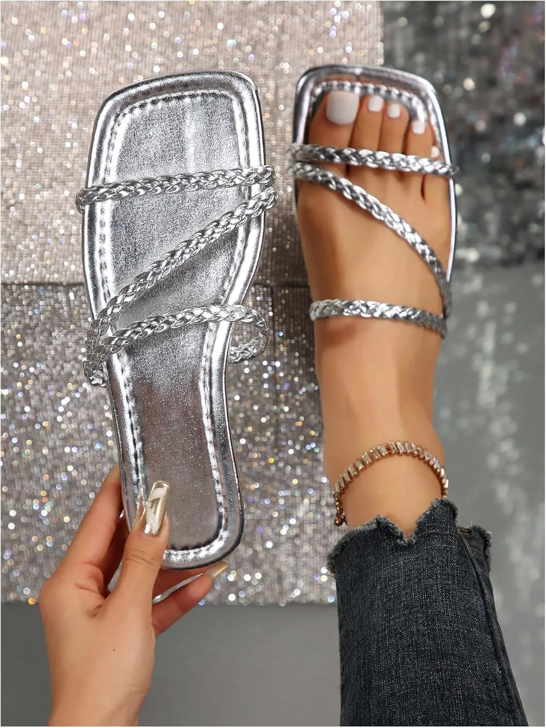 GORGLITTER Women's Metallic Strappy Flats Sandal Dressy Cute Open Toe Slip on Slides Summer Vacation Beach Sandals 2025