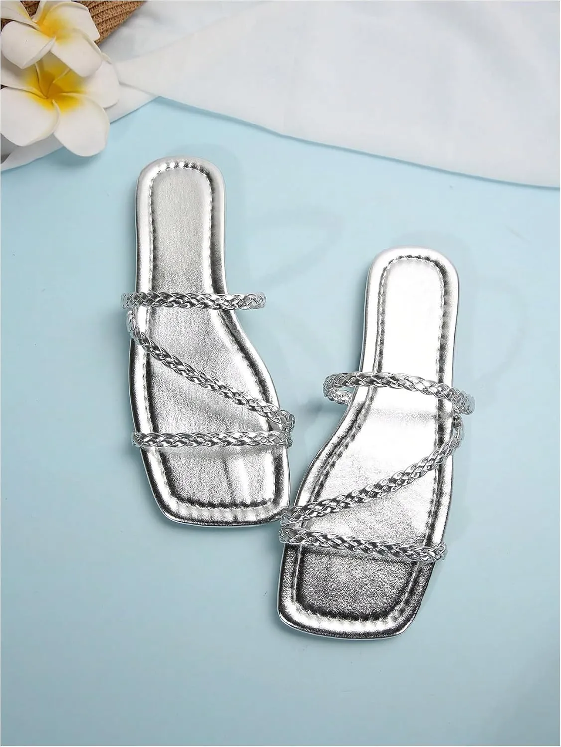 GORGLITTER Women's Metallic Strappy Flats Sandal Dressy Cute Open Toe Slip on Slides Summer Vacation Beach Sandals 2025