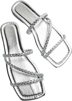 GORGLITTER Women's Metallic Strappy Flats Sandal Dressy Cute Open Toe Slip on Slides Summer Vacation Beach Sandals 2025