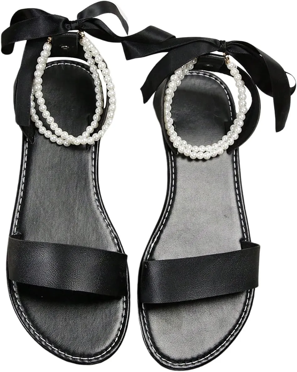 GORGLITTER Women's Pearls Lace Up Flat Sandals Tie Up Open Toe Ankle Strap Dressy Slides