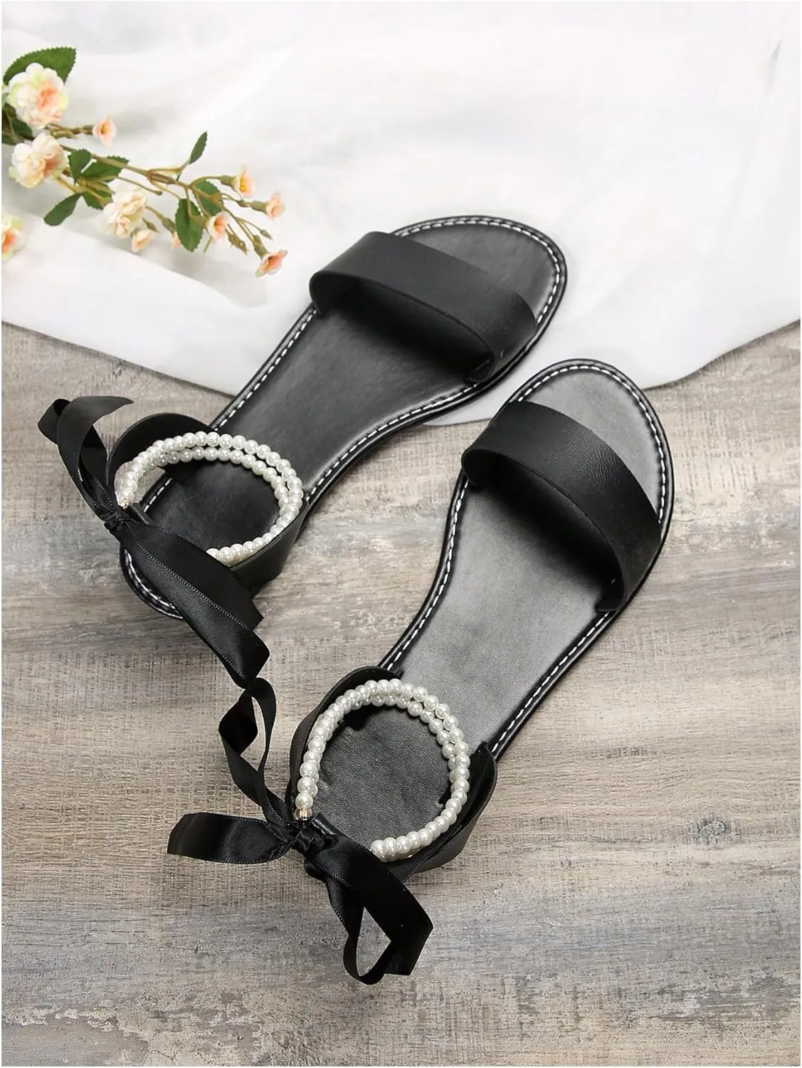 GORGLITTER Women's Pearls Lace Up Flat Sandals Tie Up Open Toe Ankle Strap Dressy Slides