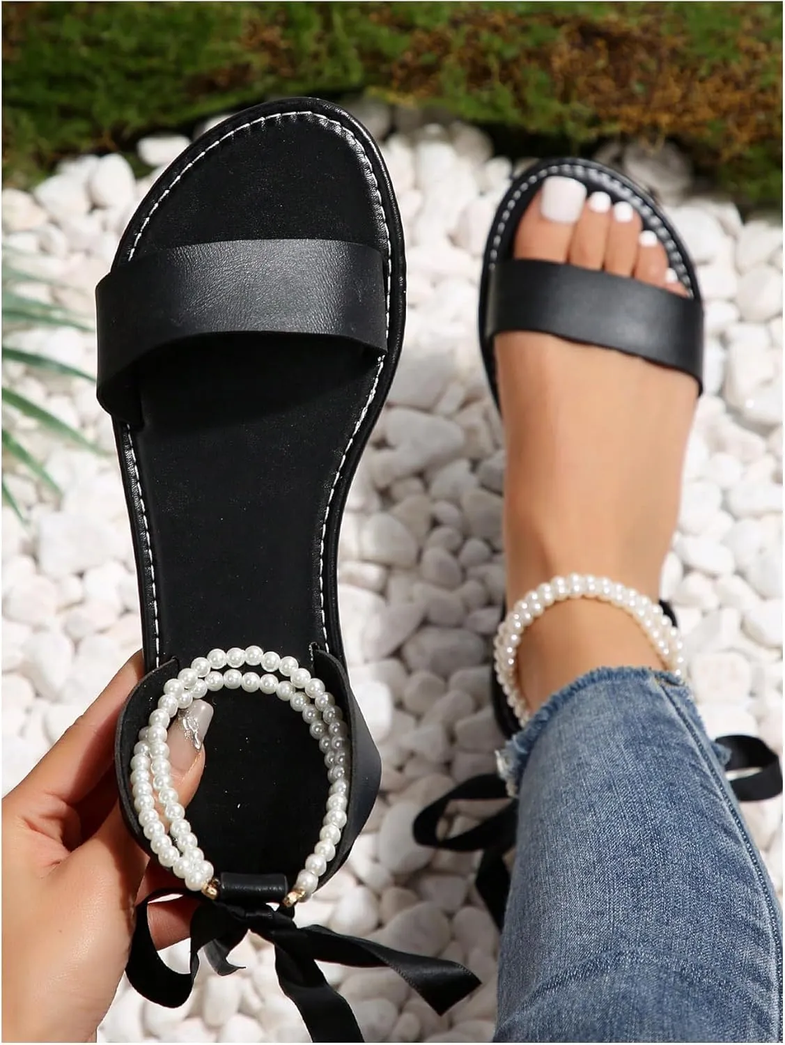 GORGLITTER Women's Pearls Lace Up Flat Sandals Tie Up Open Toe Ankle Strap Dressy Slides