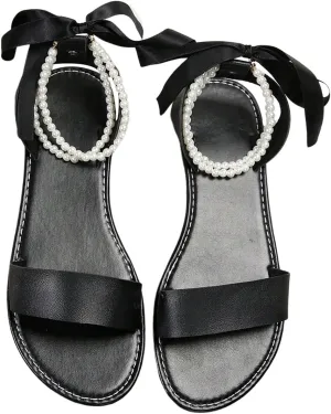 GORGLITTER Women's Pearls Lace Up Flat Sandals Tie Up Open Toe Ankle Strap Dressy Slides