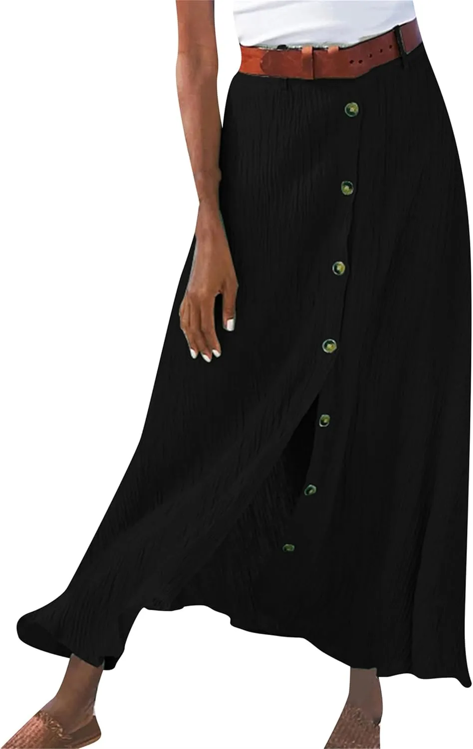 GORIFE Womens Soft Floor-Length Maxi Skirt Summer Solid Color Skirt Cotton Linen Button Front Maxi Skirt