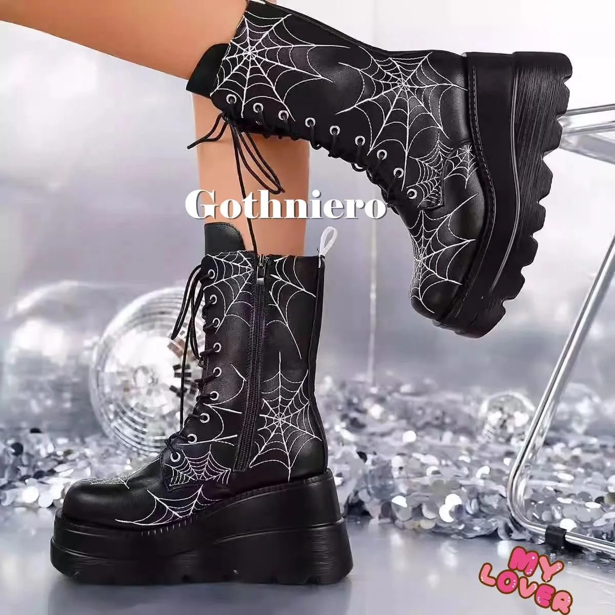 Gothniero High Platform Knee Boots Chunky Heel Wedge Black Boots For Women Combat Goth Punk Motorcycle Booties Zip up With Metal Buckles Size5-11
