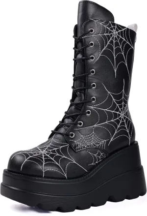 Gothniero High Platform Knee Boots Chunky Heel Wedge Black Boots For Women Combat Goth Punk Motorcycle Booties Zip up With Metal Buckles Size5-11