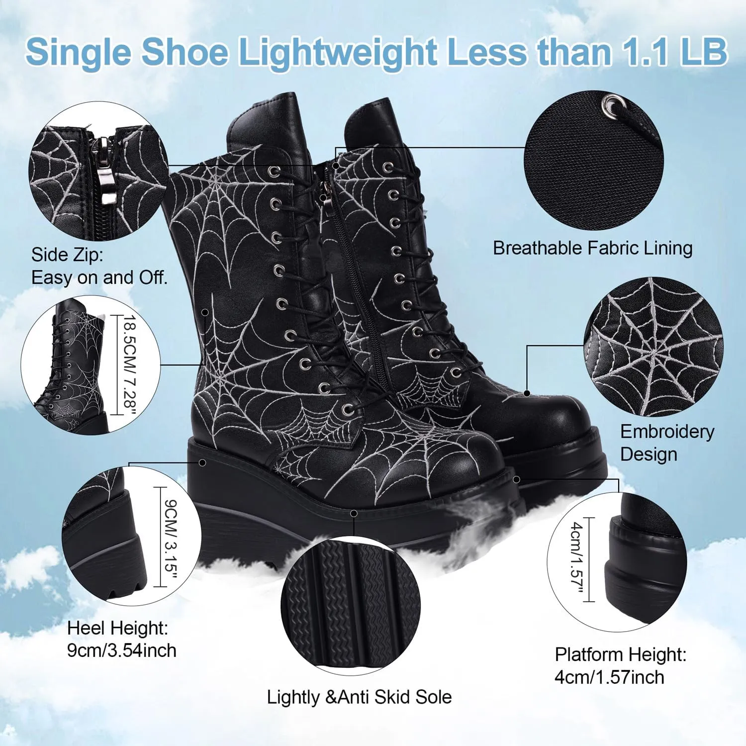 Gothniero High Platform Knee Boots Chunky Heel Wedge Black Boots For Women Combat Goth Punk Motorcycle Booties Zip up With Metal Buckles Size5-11