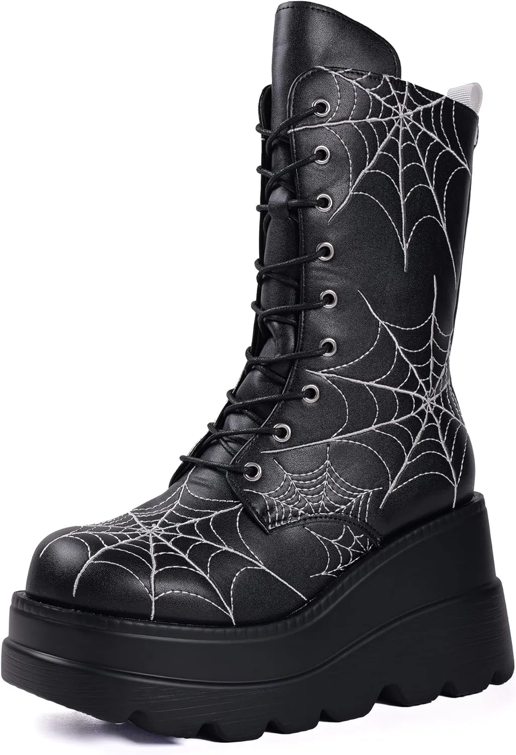 Gothniero High Platform Knee Boots Chunky Heel Wedge Black Boots For Women Combat Goth Punk Motorcycle Booties Zip up With Metal Buckles Size5-11