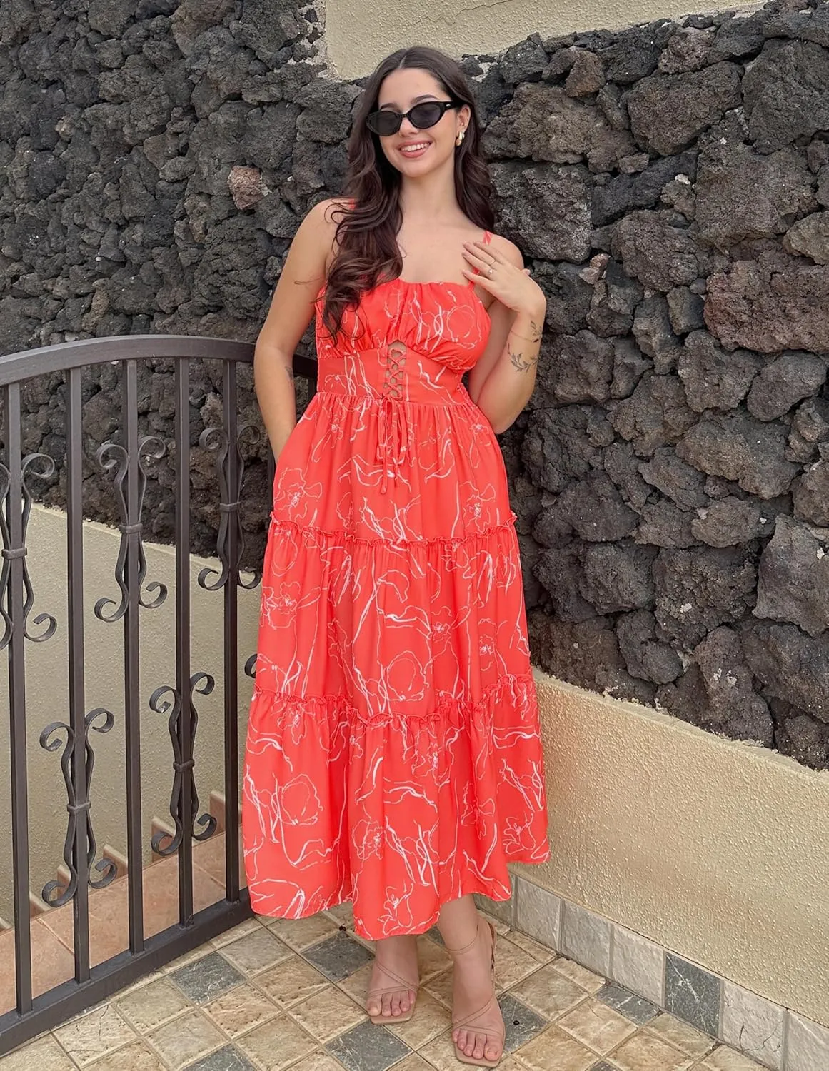 GRACE KARIN Women's Summer Floral Dress 2025 Spaghetti Strap Smocked Tiered Casual Boho Maxi Long Sundress with Pockets